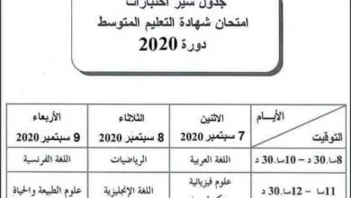 جدول سير إختبارات امتحان شهادة التعليم المتوسط دورة سبتمبر 2020