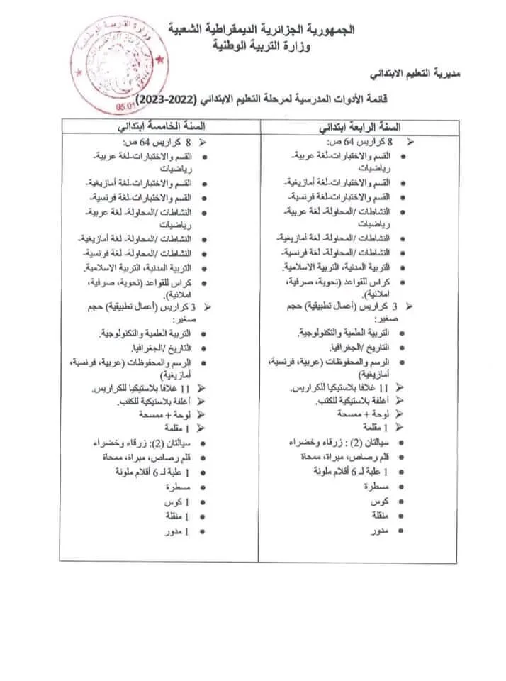 قائمة الأدوات المدرسية لمرحلة التعليم الإبتدائي للموسم الدراسي 2023/2022