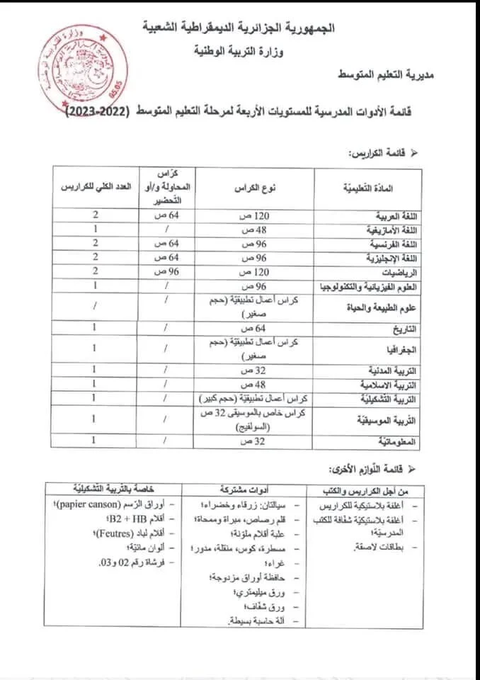 قائمة الأدوات المدرسية للسنة الثالثة متوسط 2022/2023